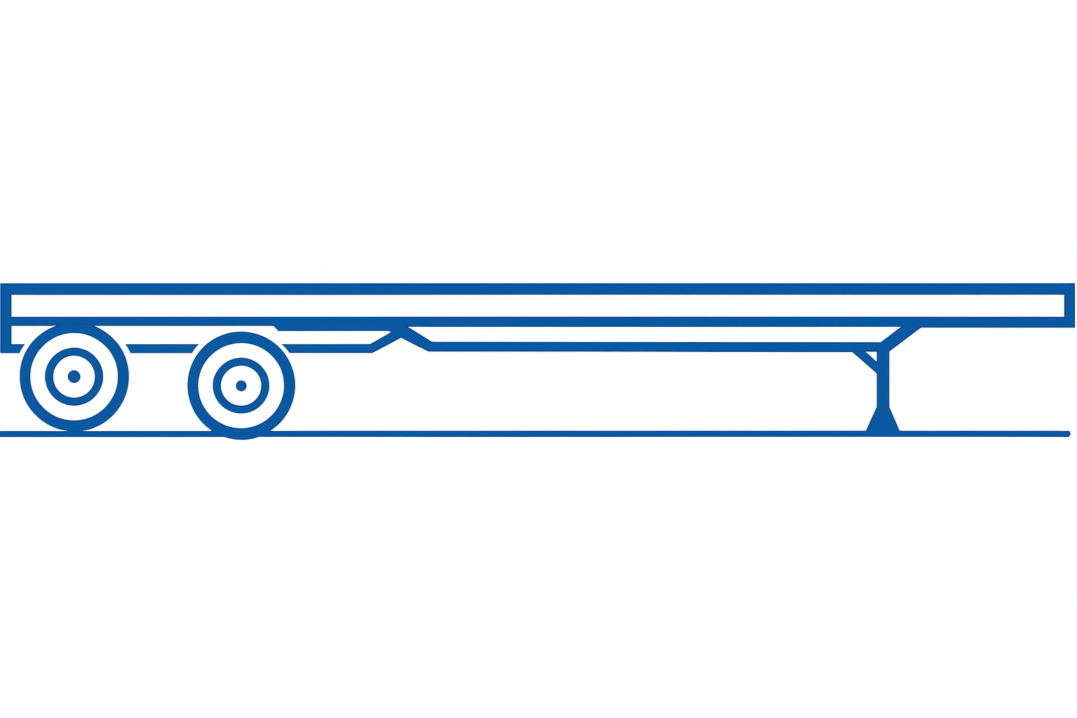 Line drawing of a 48-foot Tridem Flatdeck Trailer, featuring a flat open cargo platform with three rear axles, designed for hauling large or heavy freight that requires easy side or top loading.
