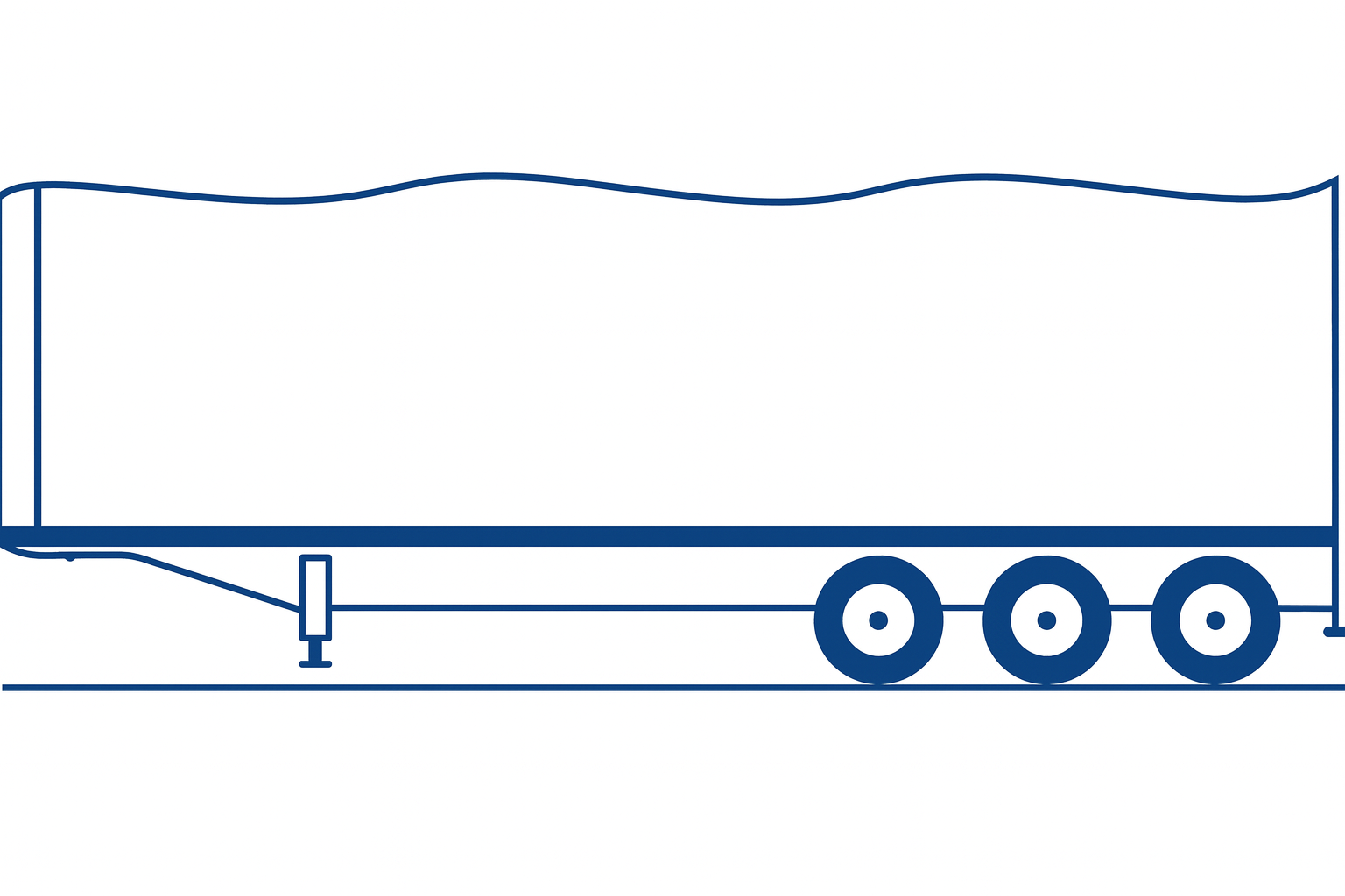 Blue line art illustration of a 53-foot Tridem Roll-Tite trailer, commonly used in freight transport and logistics for secure, flexible cargo hauling.
